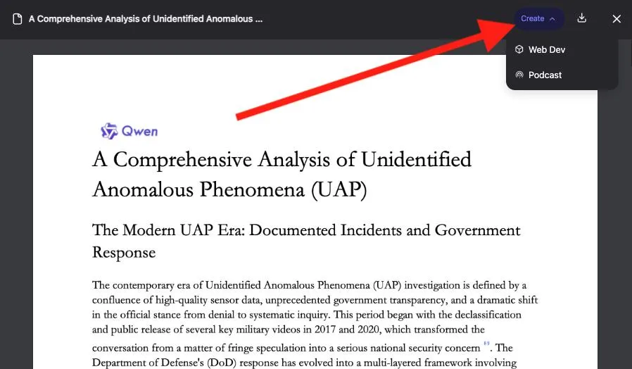 Carl Franzen screenshot of Qwen Chat Deep Research Create mode options